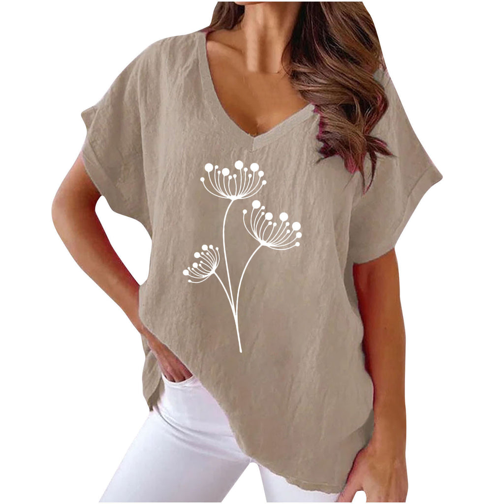 Women's Cotton-Linen Botanical Print V-Neck Batwing Tee