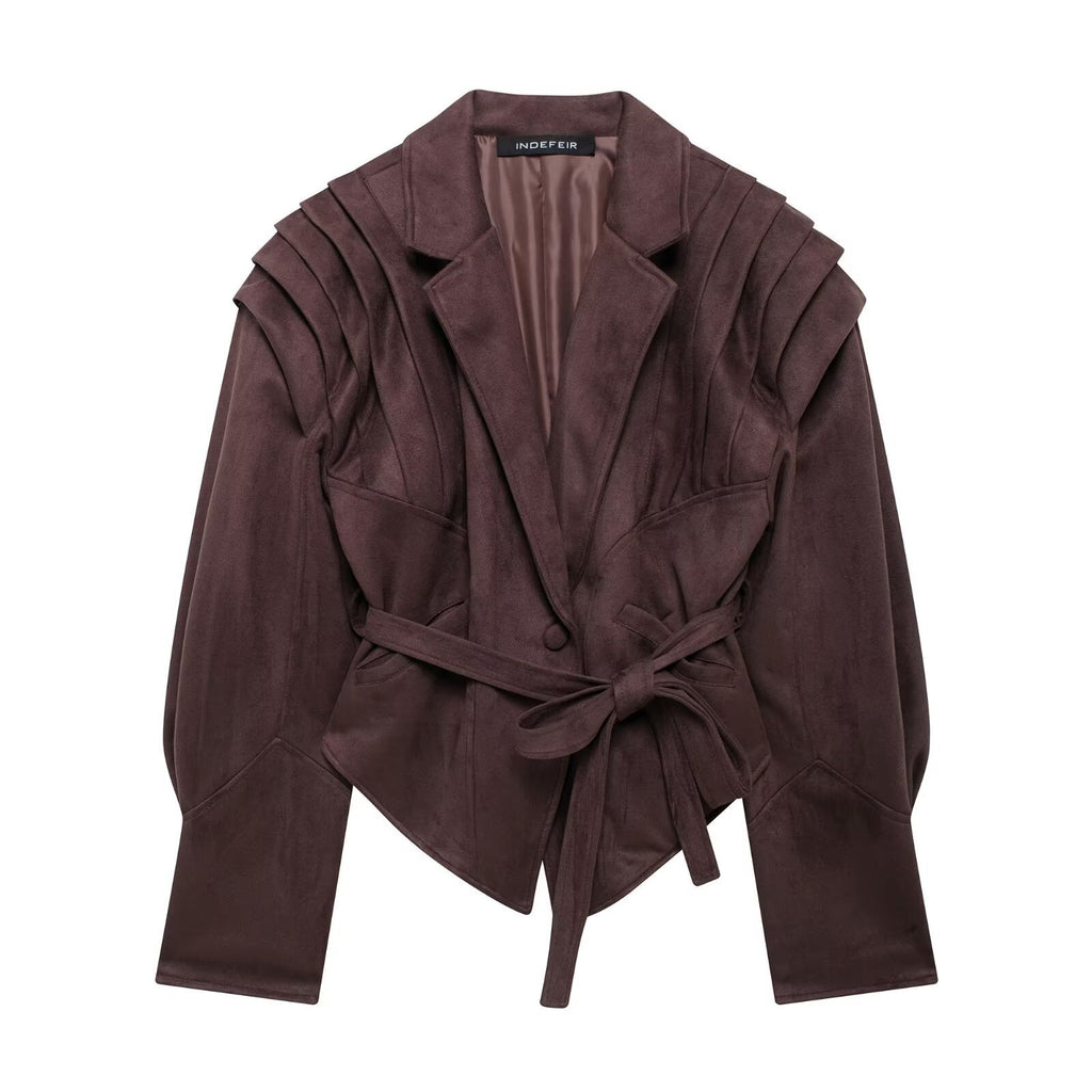 Women's Suede-Look Padded-Shoulder Cinched Jacket