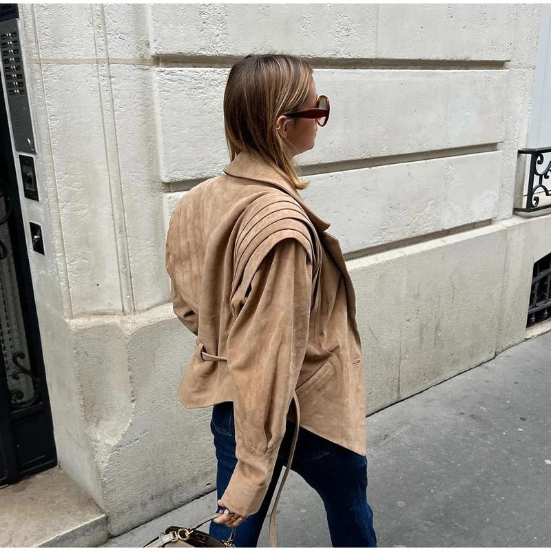 Women's Suede-Look Padded-Shoulder Cinched Jacket