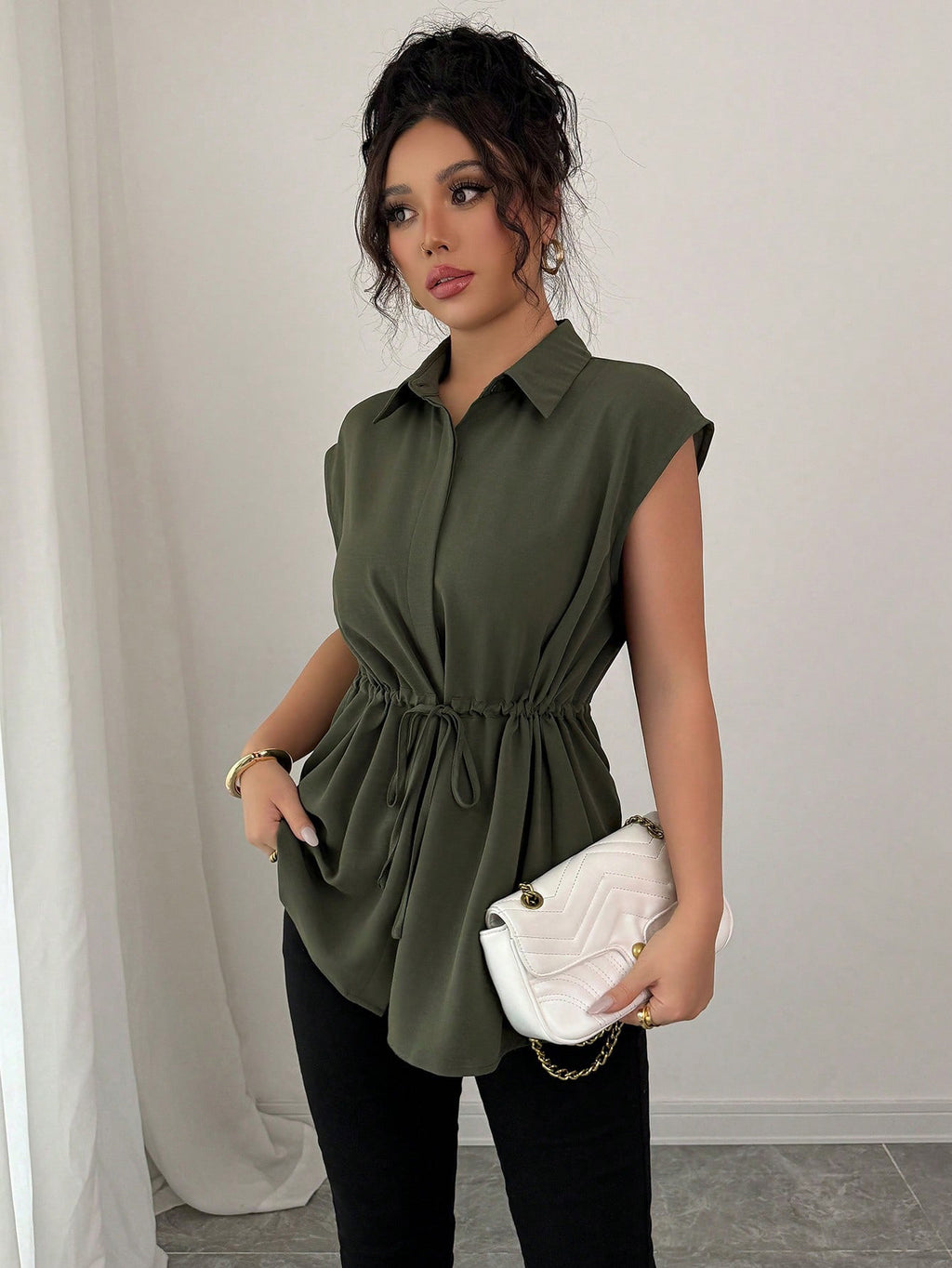 Women's Solid Polo Collar Short Sleeve Button-Front Top