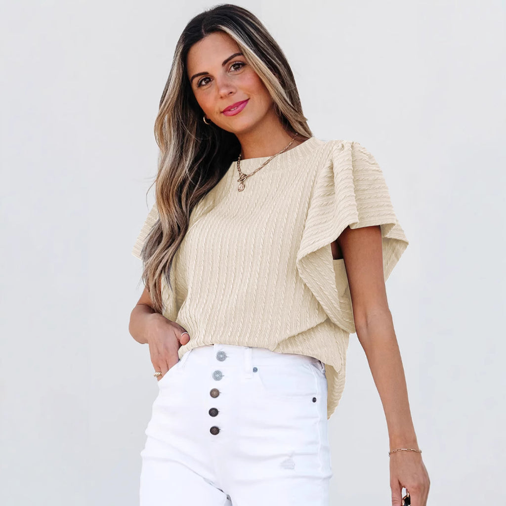 Women's Double-Layer Ruffle Sleeve Crew Neck Tee