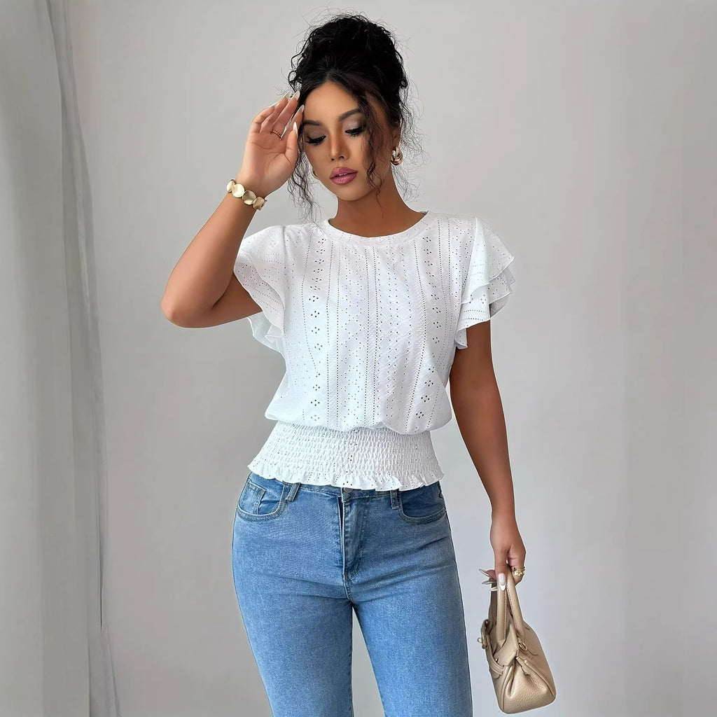 Women's Crew Neck T-Shirt, Openwork Ruffle Sleeves