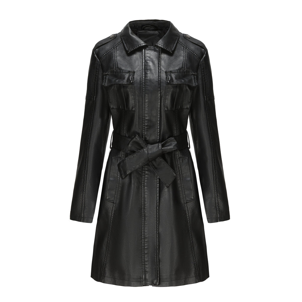 Women's Belted Leather-Look Midi Trench Coat