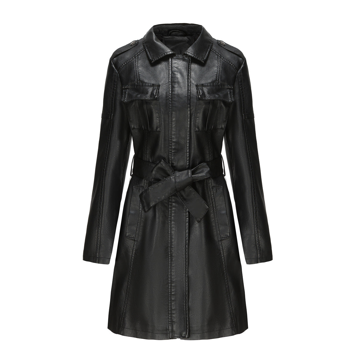 Women's Belted Leather-Look Midi Trench Coat