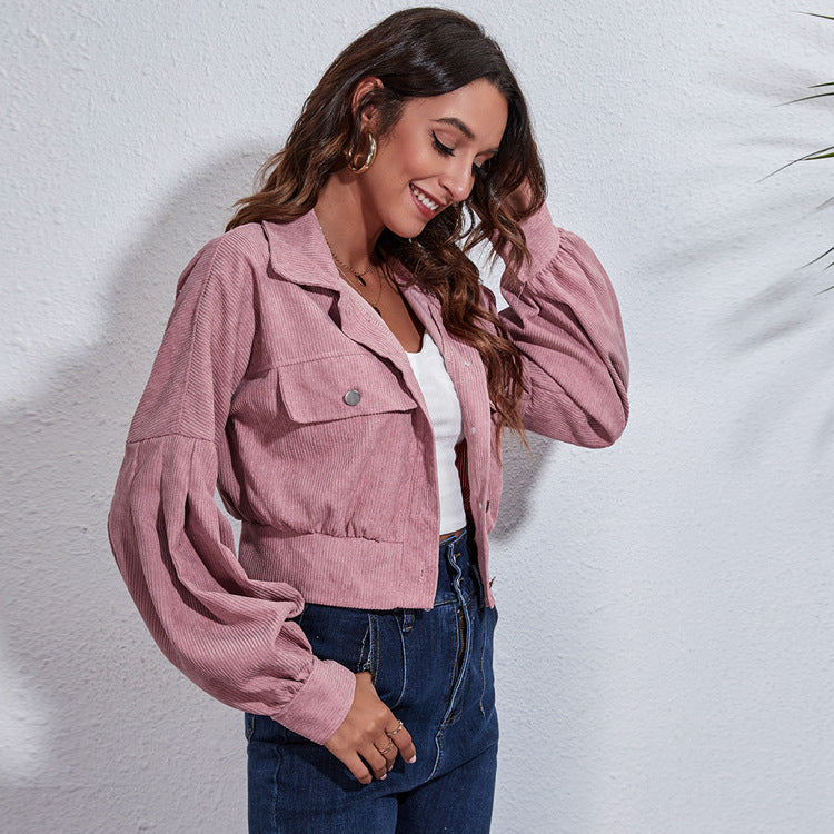 Women's Cropped Corduroy Jacket with Balloon Sleeves