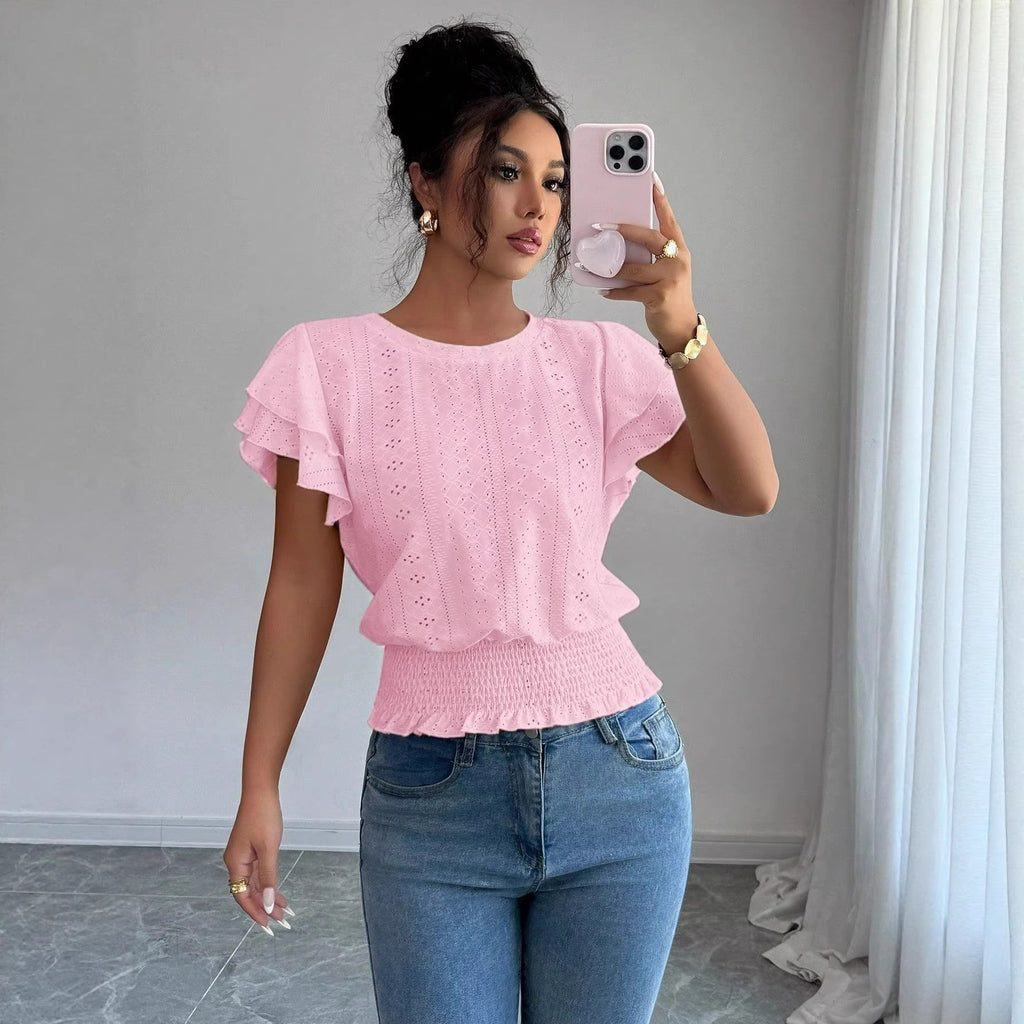 Women's Crew Neck T-Shirt, Openwork Ruffle Sleeves