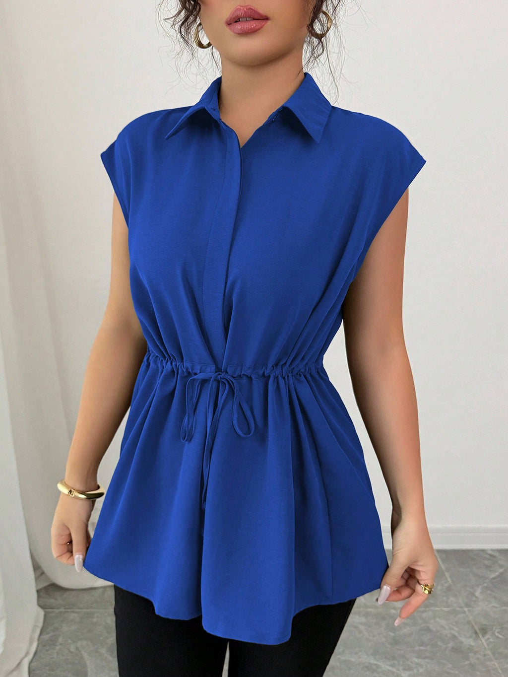 Women's Solid Polo Collar Short Sleeve Button-Front Top