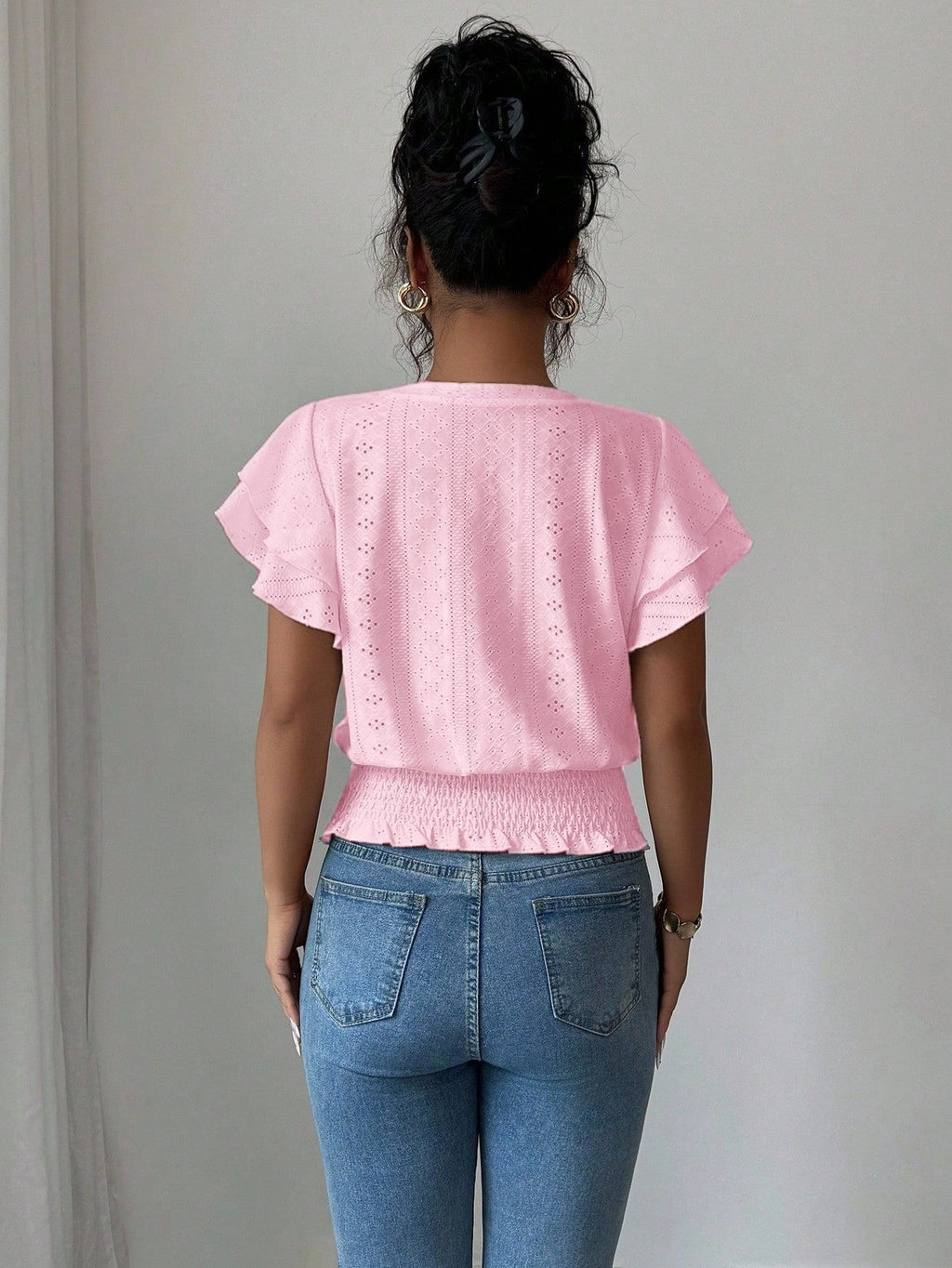 Women's Crew Neck T-Shirt, Openwork Ruffle Sleeves