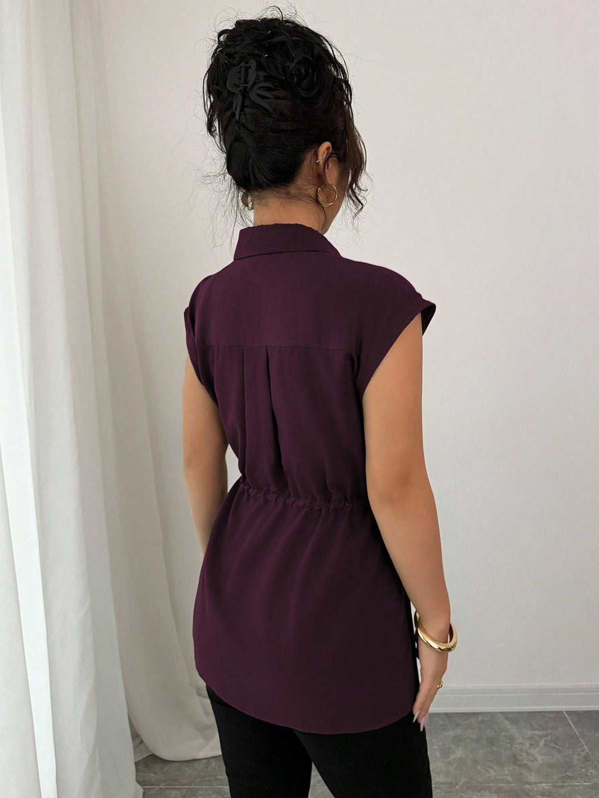 Women's Solid Polo Collar Short Sleeve Button-Front Top