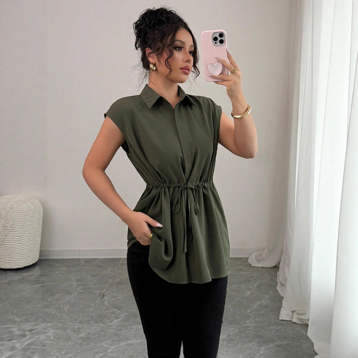 Women's Solid Polo Collar Short Sleeve Button-Front Top