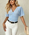 Women's Slim Fit Striped V-Neck Short Sleeve Tee