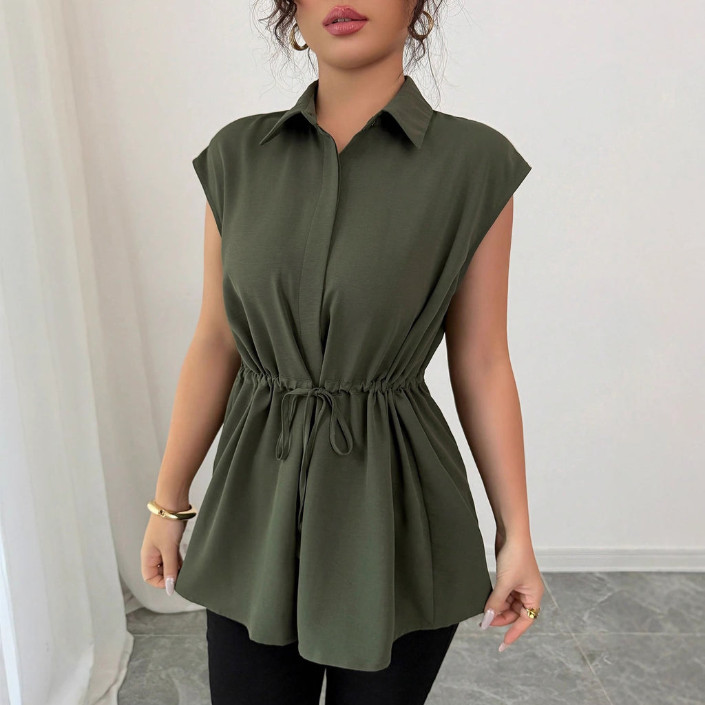 Women's Solid Polo Collar Short Sleeve Button-Front Top
